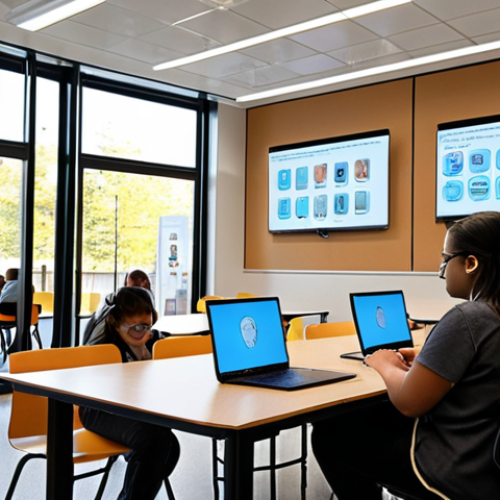 Home 11 A dynamic, sun-drenched university common space showcasing the synergy of hybrid learning. Students are actively engaged in both face-to-face discussions with a mentor figure and immersive individual study using laptops and tablets. Subtle, translucent digital projections or augmented reality elements illustrate advanced learning tools around the digital users. The atmosphere is collaborative and forward-thinking, emphasizing the blend of human connection and technological flexibility in education. The environment is modern and inclusive, fostering a sense of global opportunity and academic ambition.