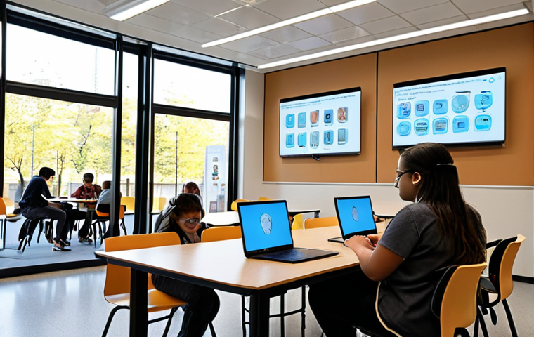 A dynamic, sun-drenched university common space showcasing the synergy of hybrid learning. Students are actively engaged in both face-to-face discussions with a mentor figure and immersive individual study using laptops and tablets. Subtle, translucent digital projections or augmented reality elements illustrate advanced learning tools around the digital users. The atmosphere is collaborative and forward-thinking, emphasizing the blend of human connection and technological flexibility in education. The environment is modern and inclusive, fostering a sense of global opportunity and academic ambition.
