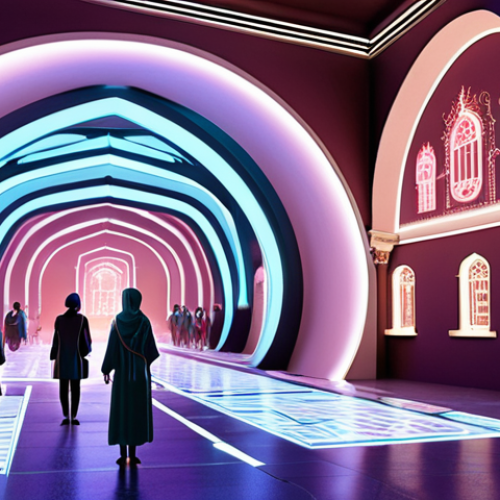Home 6 **Prompt:** A dynamic, futuristic educational scene where traditional university buildings subtly dissolve into interconnected, glowing digital pathways. Diverse individuals, representing various ages and professions, are immersed in learning through personalized, AI-powered holographic interfaces. Micro-credential badges or skill modules are visible, replacing traditional diplomas, emphasizing hands-on, practical skills acquisition. The atmosphere is vibrant, innovative, and focused on rapid adaptability and continuous growth. The style is modern, empowering, with a subtle blend of technology and human connection, reflecting a forward-thinking Middle Eastern context.