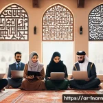 Home 22 AI 기반 평생교육 플랫폼의 발전 - A modern Arabic classroom scene showing diverse Arab adult learners engaging with an AI-powered educ...