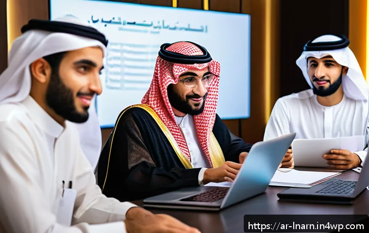 평생교육 플랫폼에서의 창업 교육 - A modern digital learning environment featuring a diverse group of Arabic-speaking young professiona...