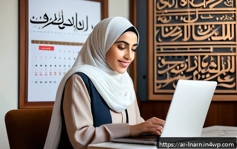 평생교육 플랫폼에서의 직무 훈련 - A modern digital learning environment featuring an Arab young professional woman wearing modest offi...